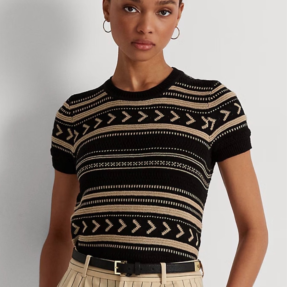 Ralph Lauren Black & Cream Striped Short Sleeve Sweater, Linen Cotton Blend